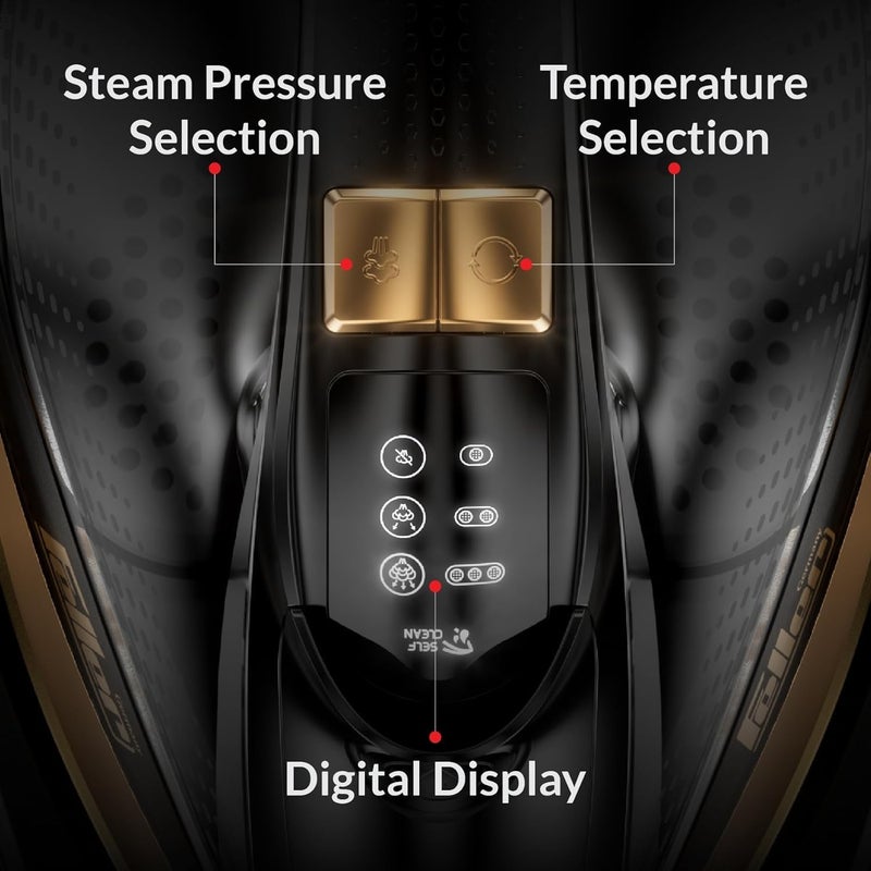 Feller Germany Vanguard Plus Steam Iron 3000W,Grab-to-Steam Technology,Prime Gold Ceramic 2x Sole Plate+Anti Calc,Anti Drip,Auto Shut Off,Display,Turbo Steam, SI300,2Y Guarantee-KSA Version (Gold) - Image 4