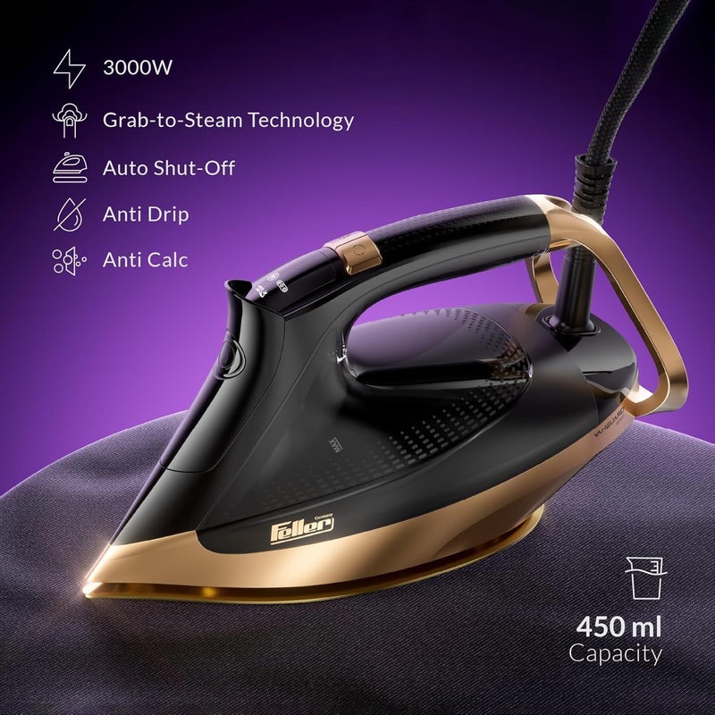 Feller Germany Vanguard Plus Steam Iron 3000W,Grab-to-Steam Technology,Prime Gold Ceramic 2x Sole Plate+Anti Calc,Anti Drip,Auto Shut Off,Display,Turbo Steam, SI300,2Y Guarantee-KSA Version (Gold) - Image 2