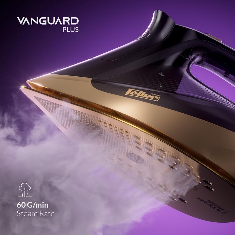 Feller Germany Vanguard Plus Steam Iron 3000W,Grab-to-Steam Technology,Prime Gold Ceramic 2x Sole Plate+Anti Calc,Anti Drip,Auto Shut Off,Display,Turbo Steam, SI300,2Y Guarantee-KSA Version (Gold) - Image 5