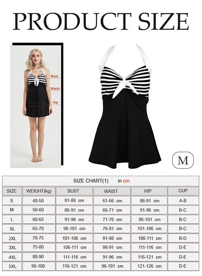Women's one-piece swimsuit retro striped halter V Neck swimdress Tummy Control Tie Front Tankini with Boyshort Bowknot Halter Bathing Suit Dress  - Image 5