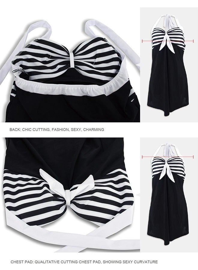 Women's one-piece swimsuit retro striped halter V Neck swimdress Tummy Control Tie Front Tankini with Boyshort Bowknot Halter Bathing Suit Dress  - Image 4