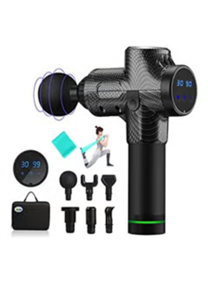 30 Speed ​​Massage Gun with 6 Heads in Hard Case and LCD Touch Screen, Ultra Quiet 35dB Massage, Carbon Fiber Design, Battery Operated, Grey - Image 1