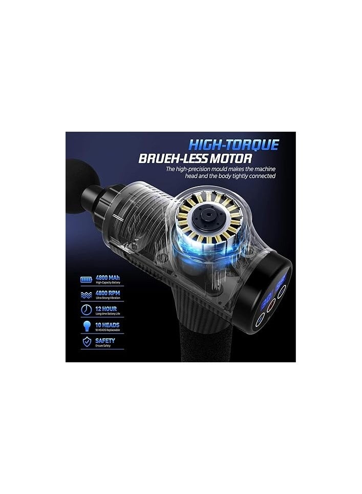 30 Speed ​​Massage Gun with 6 Heads in Hard Case and LCD Touch Screen, Ultra Quiet 35dB Massage, Carbon Fiber Design, Battery Operated, Grey - Image 2