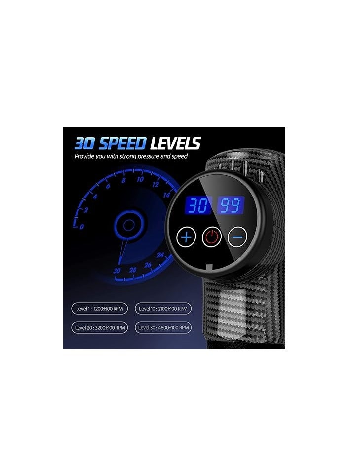 30 Speed ​​Massage Gun with 6 Heads in Hard Case and LCD Touch Screen, Ultra Quiet 35dB Massage, Carbon Fiber Design, Battery Operated, Grey - Image 3