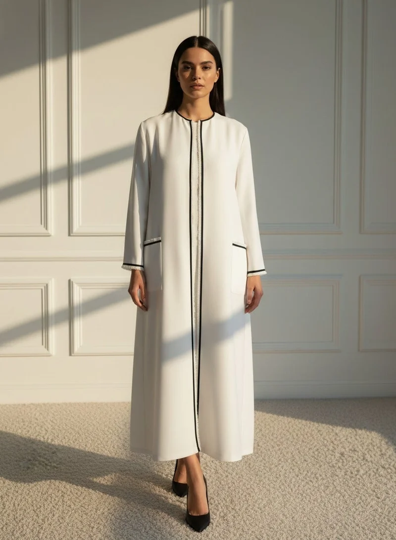 مويستريت Elegant White Barbie Crepe Abaya with Contrast Black Piping, Dual Side Pockets & Matching Headscarf