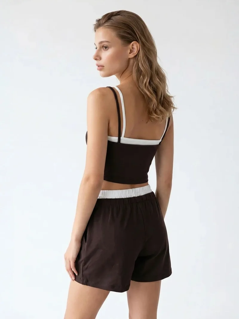 Mixray Coffee Brown MIXRAY Two-Piece Crop T-Shirt And Shorts Set for Women | Best Price UAE