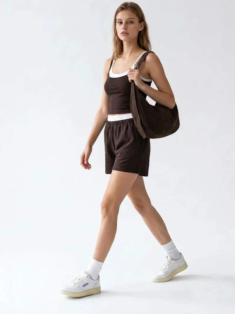 Mixray Coffee Brown MIXRAY Two-Piece Crop T-Shirt And Shorts Set for Women | Best Price UAE