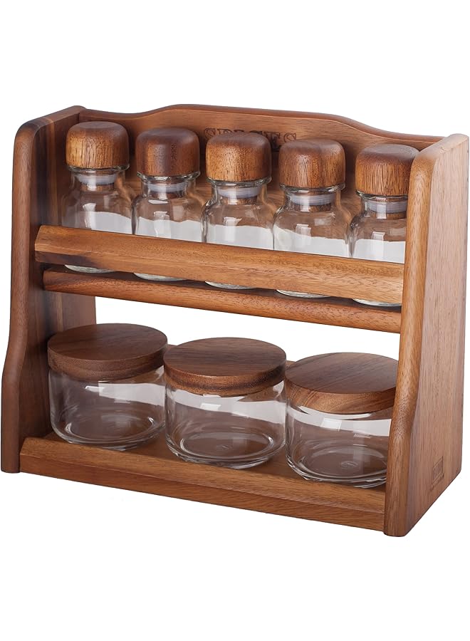 BILLI 5 Pcs Spice Bottles And 3 Pcs Canister Set With Wooden Lid And Rack Aca Og55 3 Sp5 - Image 1