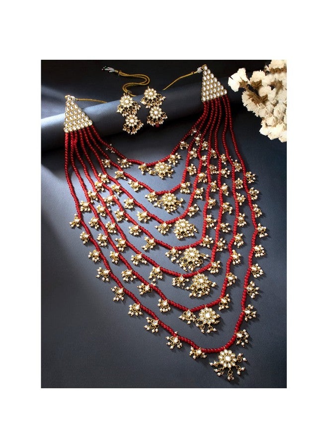Peora Traditional Jewellery Red Floral Multi Layered Necklace Earrings Jewellery Set For Women Girls - Image 2