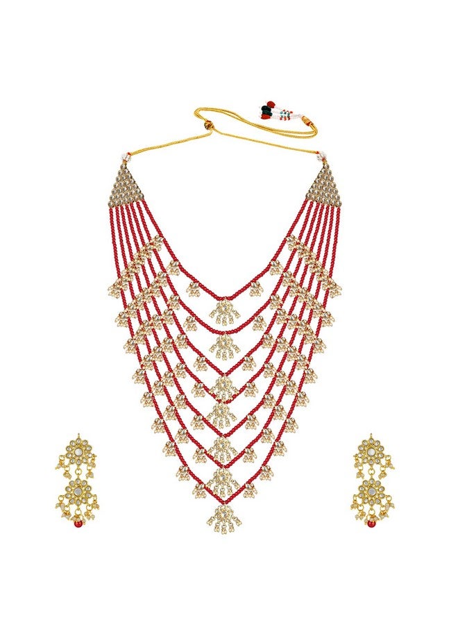 Peora Traditional Jewellery Red Floral Multi Layered Necklace Earrings Jewellery Set For Women Girls - Image 1