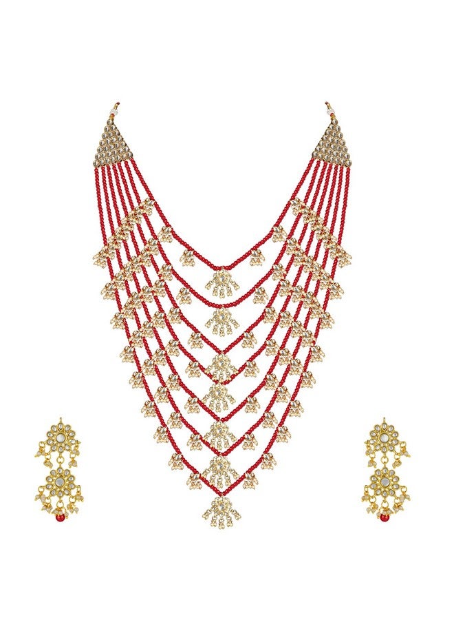 Peora Traditional Jewellery Red Floral Multi Layered Necklace Earrings Jewellery Set For Women Girls - Image 4