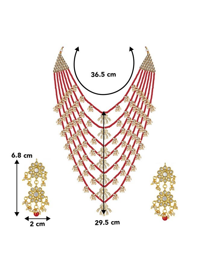 Peora Traditional Jewellery Red Floral Multi Layered Necklace Earrings Jewellery Set For Women Girls - Image 5