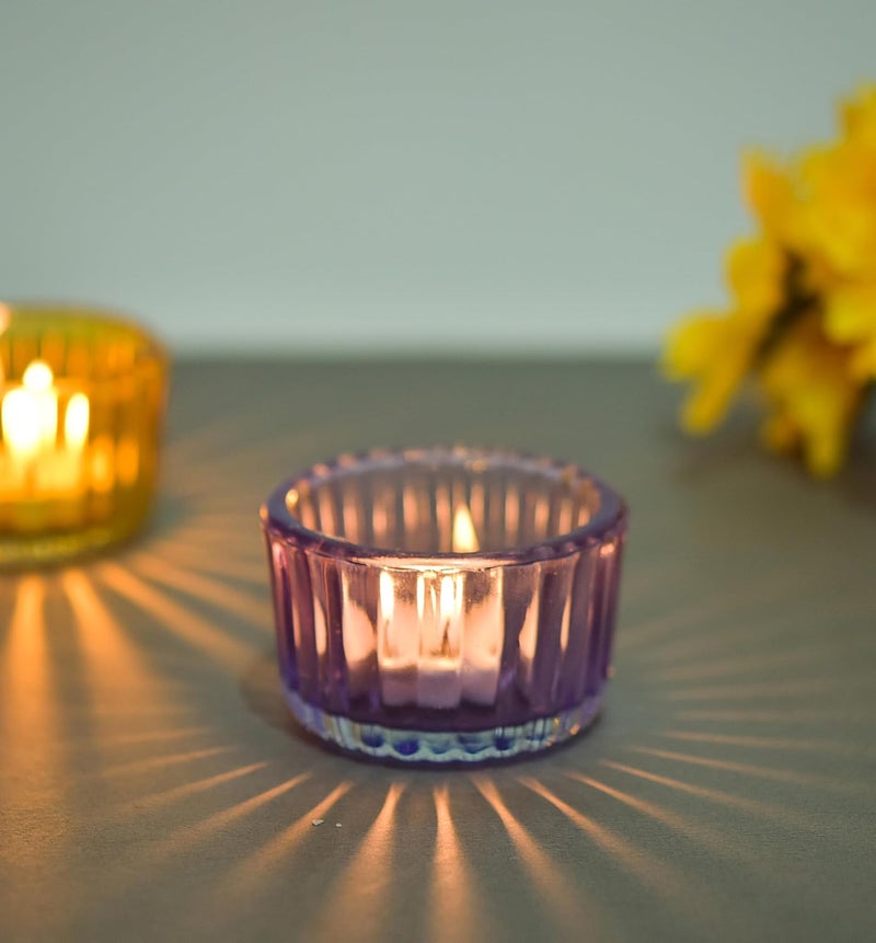 OGGN Glass Ribbed Tealight Holder SetTLight Holder for Diwali Decoration Items Purple Small Pack of 4 - Image 3