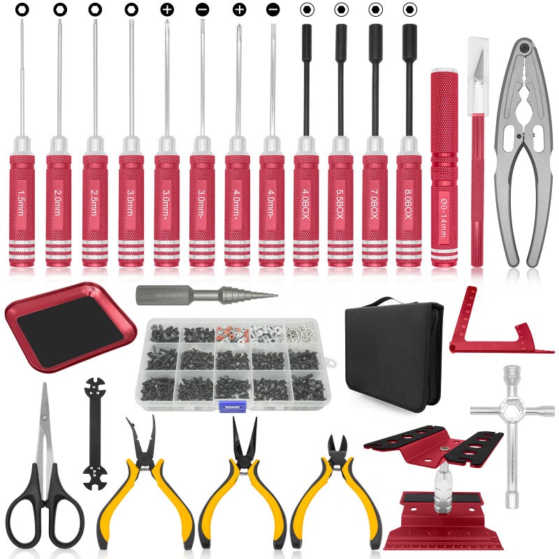 OGRC Tool Kit Screwdriver Set Flat Phillips Hex RC Work Stand 522PCS Screw Kit Pliers Set Body Reamer Wrench Tray Repair Tools for RC Car Boat Quadcopter Helicopter Black 26pcs Red