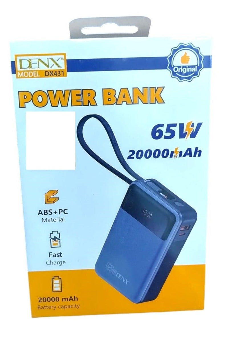 Denx 20000mAh Power bank with a digital display screen and 65W fast charging power bank distinguished by the small size and two built-in cables (Lightning & Type-C), and two charging ports Type-C PD/USB - Image 1