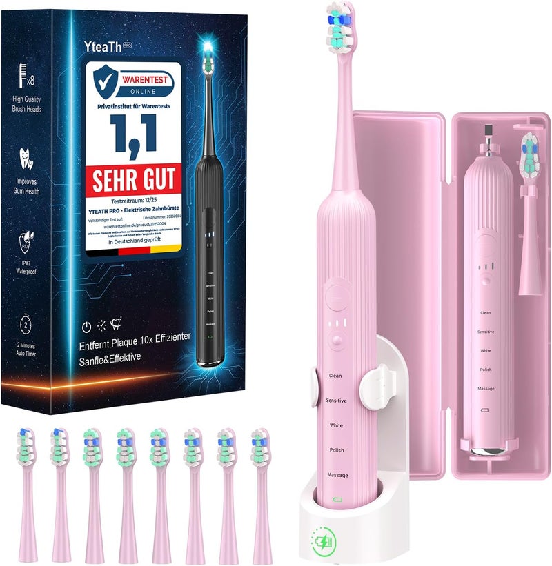 YTEATH PRO Electric Sonic Toothbrush for Adults & Children, 5 Cleaning Modes with 3 Intensity Levels, Timer, 8 Replacement Brush Heads & Travel Case, Rechargeable Sonic Toothbrush - Image 1