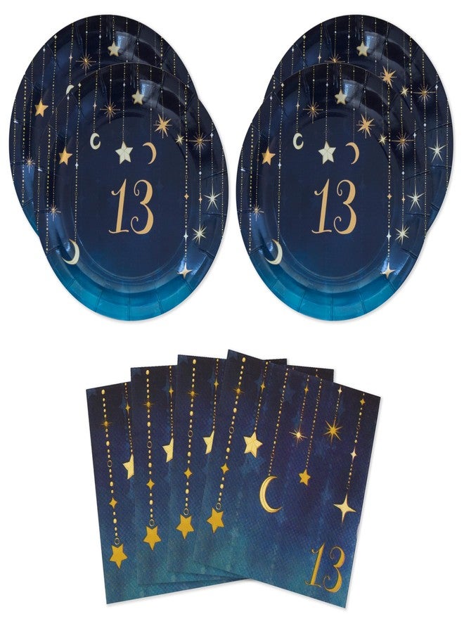 Havercamp 13 Year Old Happy Birthday Decorations - Girls Party for 16 guests - 16 ea. Gold Starry Night Plates and Napkins Decor - Moon and Star Theme - Perfect for Teenager Celebrations - Image 1