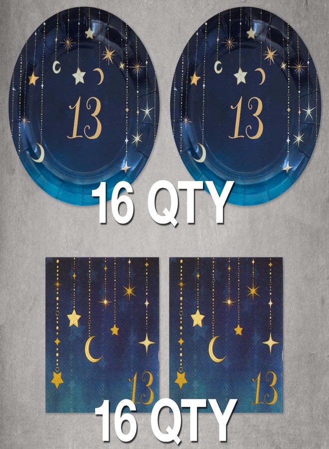 Havercamp 13 Year Old Happy Birthday Decorations - Girls Party for 16 guests - 16 ea. Gold Starry Night Plates and Napkins Decor - Moon and Star Theme - Perfect for Teenager Celebrations - Image 2