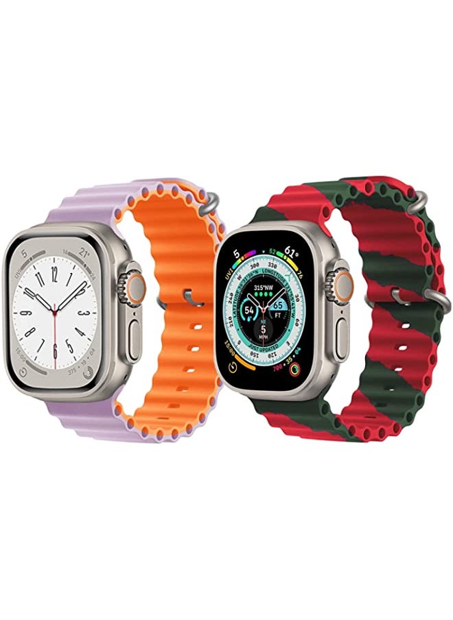 IAF - Silicone Ocean Band Strap for Apple Watch Ultra 8 49mm Pink/Orange Double Side Strap with Red/Green Double Line Strap Set of 2 - Image 1