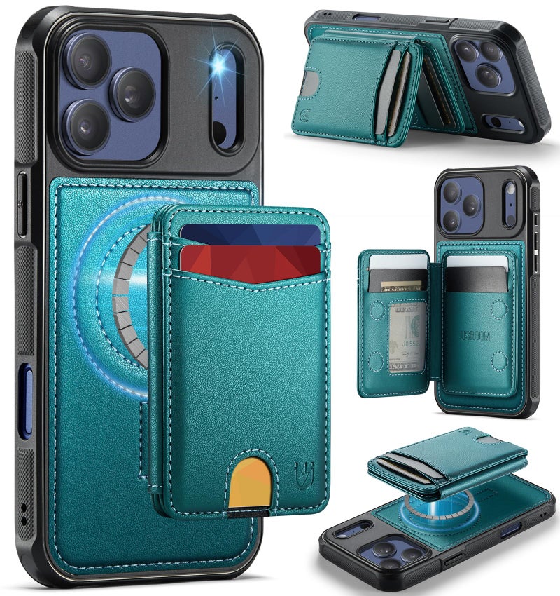 Usroom for iPhone 17 Pro Max Wallet Case Compatible with Magsafe, Magnetic RFID Blocking Card Holder Kickstand 2 in 1 Detachable Case for iPhone 17 Pro Max 6.9", Bluish Green - Image 1