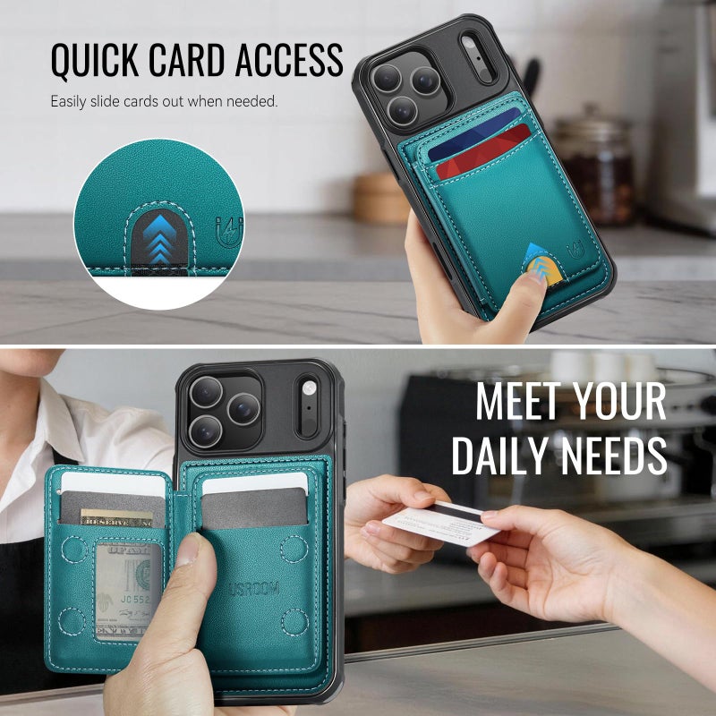 Usroom for iPhone 17 Pro Max Wallet Case Compatible with Magsafe, Magnetic RFID Blocking Card Holder Kickstand 2 in 1 Detachable Case for iPhone 17 Pro Max 6.9", Bluish Green - Image 4