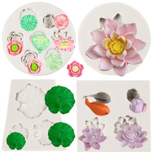 FCKEMLDS Lotus Flower Silicone Molds Lotus Leaf Fondant Mold Lily Pad Silicone Molds Lotus Root Mold For Cake Decoration Cupcake Topper Chocolate Candy Polymer Clay Gum Paste Set of 4 - Image 1