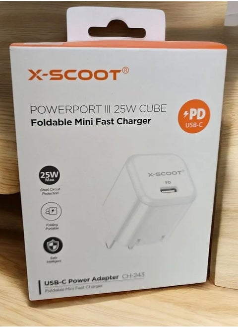 X-Scoot CH-243 25W USB-C PowerPort III Adapter 25W PD Fast Charger, 25W USB-C Power Adapter, 25W Power Port Cube Foldable Fast Charger - White Cable Not Included