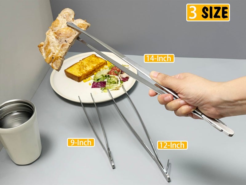 JETKONG 3 Pcs Extra Long Kitchen Tweezers Heavy Duty Stainless Steel Cooking Tweezers (9 12 14 Inch, Silver) - Image 3