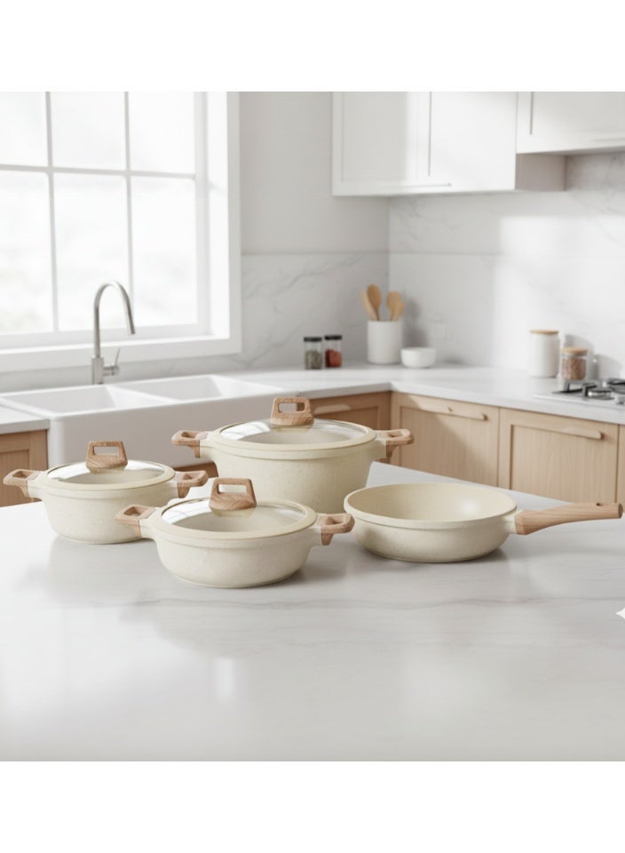 توب شيف طقم أدوات طهي وقدور ومقالي مطلية بالجرانيت بأسطح مانعة للالتصاق ومقابض خشبية وأغطية من الزجاج مزودة بالسيليكون المقوى وخالية من حمض بيرفلورو الأوكتانويك مكون من 7 قطع - لون بيج - Image 2