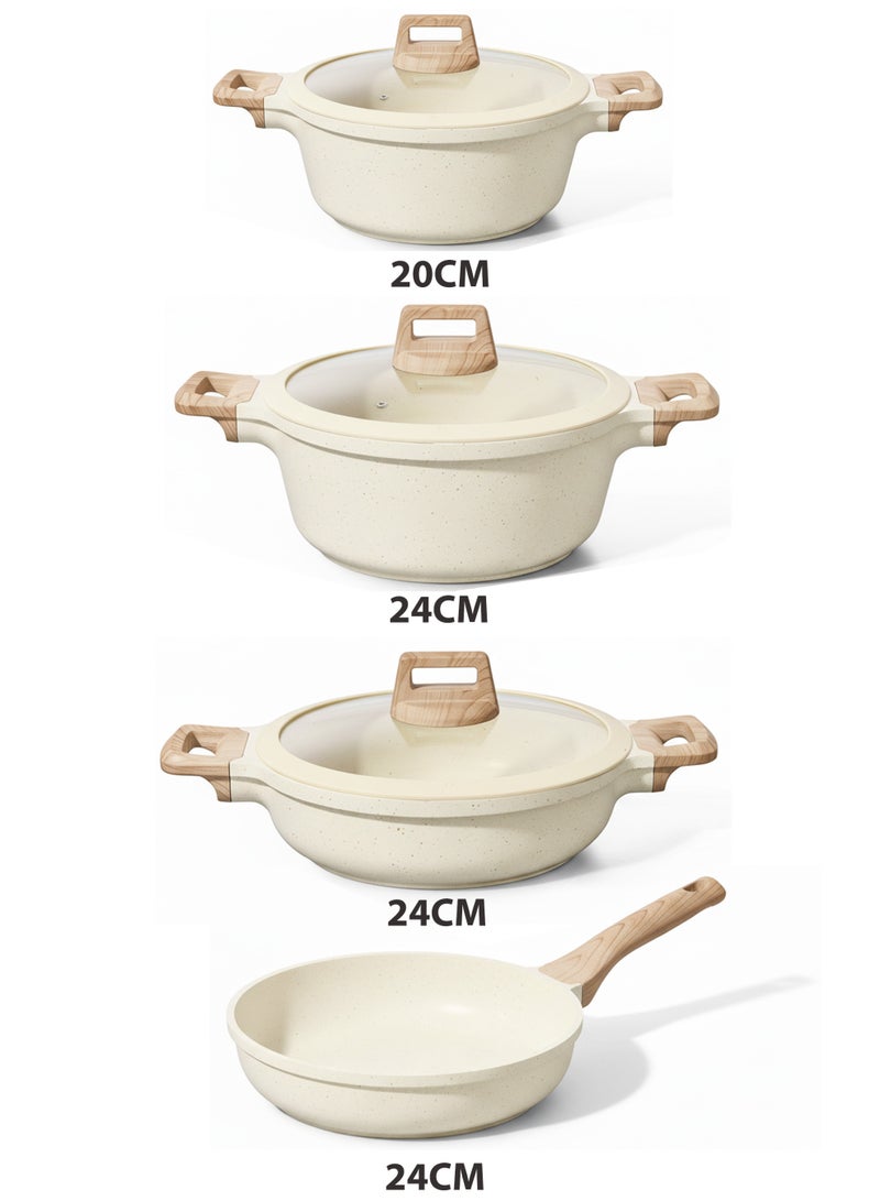 توب شيف طقم أدوات طهي وقدور ومقالي مطلية بالجرانيت بأسطح مانعة للالتصاق ومقابض خشبية وأغطية من الزجاج مزودة بالسيليكون المقوى وخالية من حمض بيرفلورو الأوكتانويك مكون من 7 قطع - لون بيج - Image 5