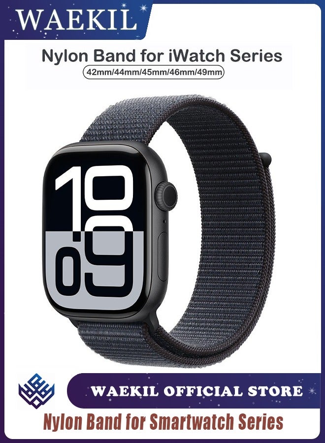 وايكيل سوار رياضي من النايلون متوافق مع ساعة Apple Watch مقاس 42 مم/44 مم/45 مم/46 مم/49 مم - حزام قابل للتعديل وجيد التهوية لساعة iWatch Ultra 2/SE/Series 10/9/8/7، سوار بديل خفيف الوزن ومقاوم للعرق للرجال والنساء (حبر) - Image 1