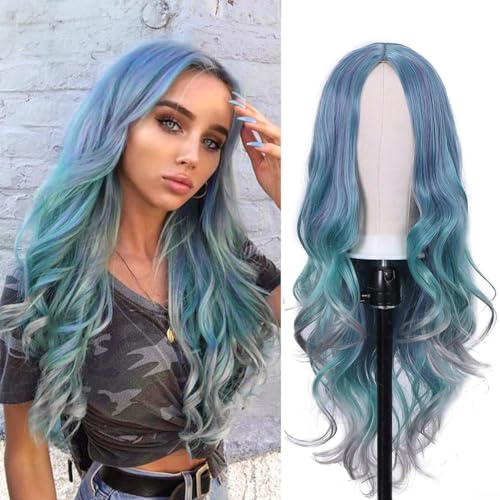 Lady Miranda 28 Inch Light Blue Wig Heat Resistant Wavy Pastel Blue Wig Middle Part Synthetic Wig Cosplay Blue Mixed Gray Halloween Wigs for Women (Mixed Blue) - Image 1