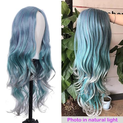 Lady Miranda 28 Inch Light Blue Wig Heat Resistant Wavy Pastel Blue Wig Middle Part Synthetic Wig Cosplay Blue Mixed Gray Halloween Wigs for Women (Mixed Blue) - Image 2