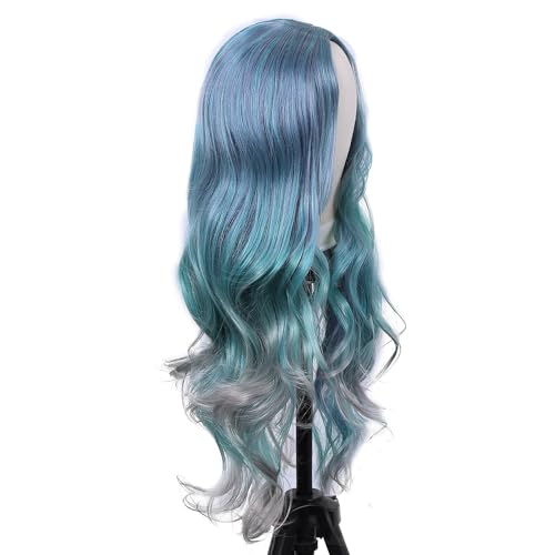 Lady Miranda 28 Inch Light Blue Wig Heat Resistant Wavy Pastel Blue Wig Middle Part Synthetic Wig Cosplay Blue Mixed Gray Halloween Wigs for Women (Mixed Blue) - Image 3