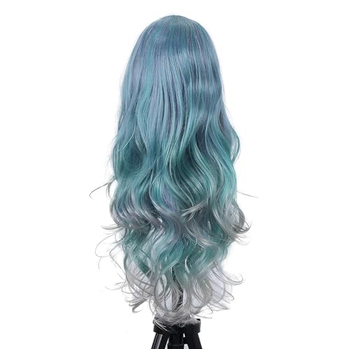 Lady Miranda 28 Inch Light Blue Wig Heat Resistant Wavy Pastel Blue Wig Middle Part Synthetic Wig Cosplay Blue Mixed Gray Halloween Wigs for Women (Mixed Blue) - Image 4