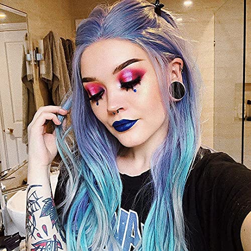 Lady Miranda 28 Inch Light Blue Wig Heat Resistant Wavy Pastel Blue Wig Middle Part Synthetic Wig Cosplay Blue Mixed Gray Halloween Wigs for Women (Mixed Blue) - Image 5