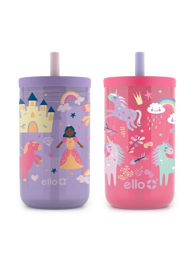 Ello Ello Bop 2-Pack 12oz Kids Plastic Tumbler Set with Carry Loop | Leak-Proof Slider Lid | Removable Spill Resistant Soft Straw | BPA-Free |Princess Unicorn  - Image 1