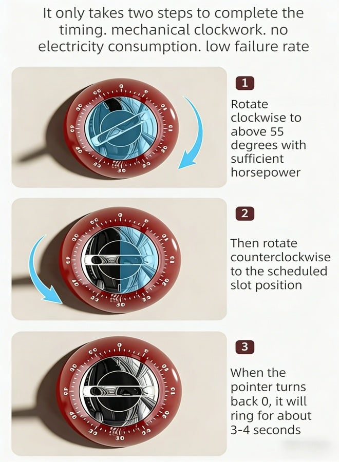 موقتات المطبخ للطبخ، 100٪ موقتات الطبخ الميكانيكية، لا بطاريات مطلوبة، المغناطيسية الخلفية.  (أحمر) - Image 4
