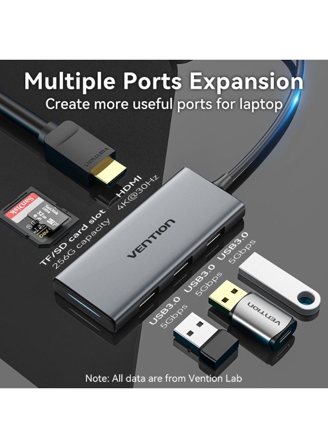 VENTION USB-C to HDMI/USB 3.0x3/SD/TF Docking Station Aluminum Alloy Type 0.15M Gray Model # TOOHB - Image 4