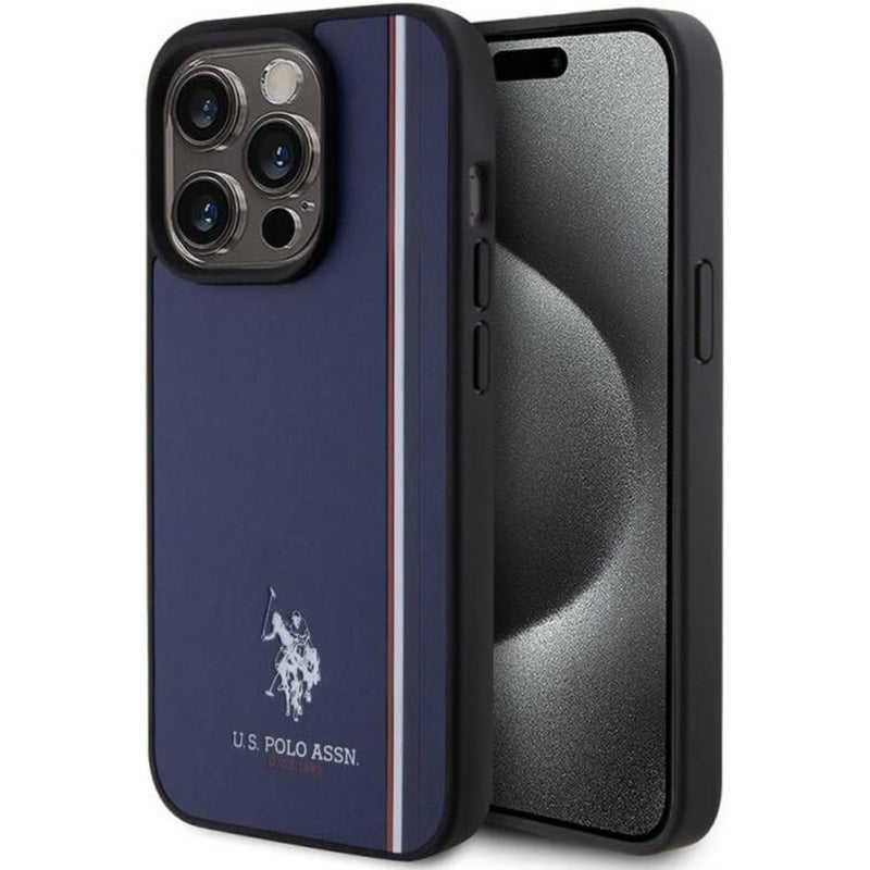 CG MOBILE US Polo Leather Case With DH Tricolor Line For iPhone 15 Pro Navy - Image 1