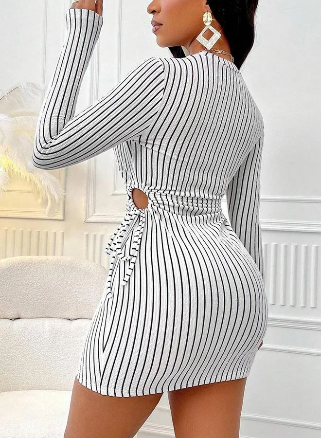 تايك تو Women's Striped Round Neck Drawstring Waist Long Sleeve Mini Dress