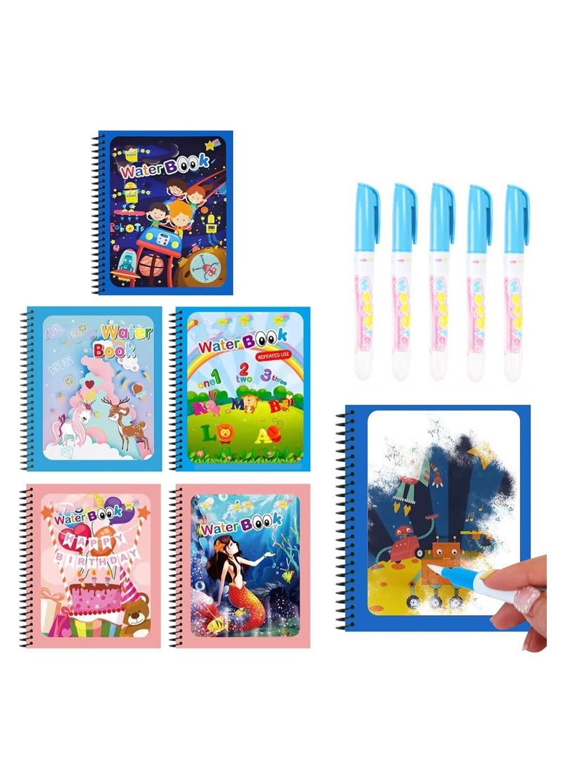 5 Pack Reusable Water Coloring Books for Toddlers, Paint with Water Books, Mess-Free Coloring Book, Portable Educational Doodle Drawing Toy, Improving Children's Imagination, Color Perception，Random pen color - Image 1