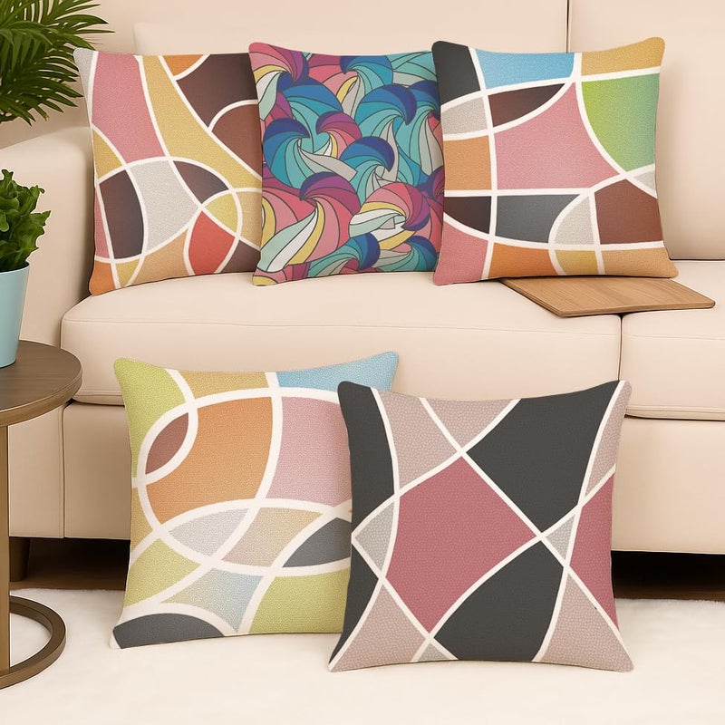 Brick Home Set of 5 Polycotton Printed Cushion Covers 18x18 Inches | Abstract Geometric & Swirl Pattern | Multicolor Pastel & Earthy Tones | Soft Decorative Pillow Covers for Sofa, Couch & Living Room - Image 5