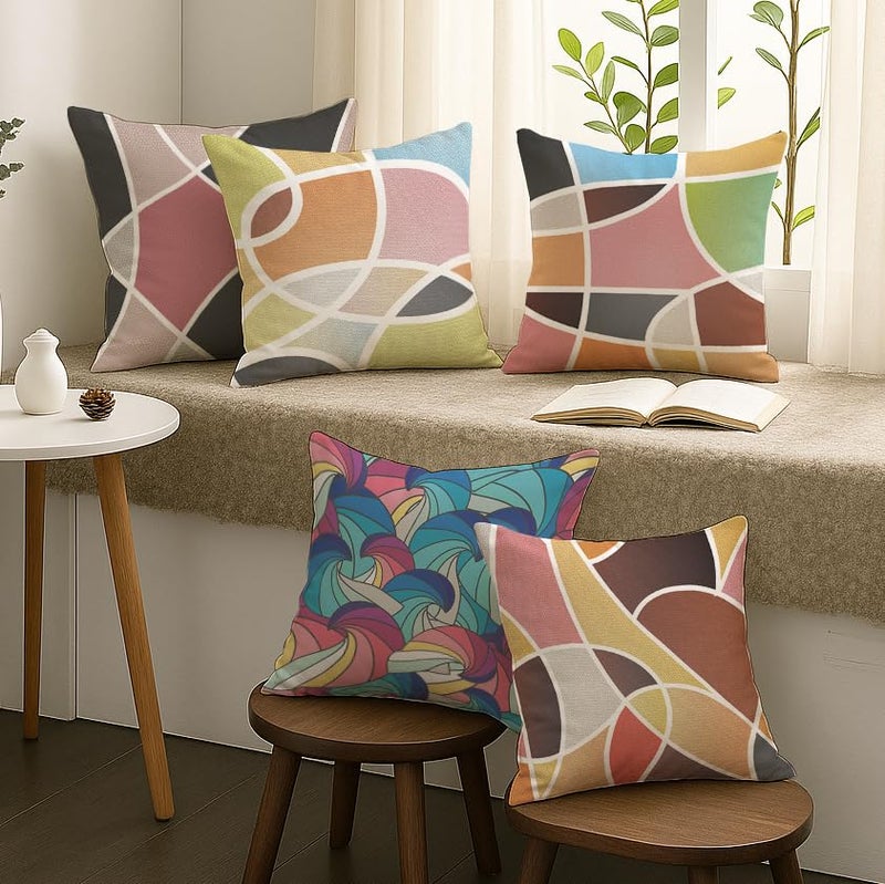 Brick Home Set of 5 Polycotton Printed Cushion Covers 18x18 Inches | Abstract Geometric & Swirl Pattern | Multicolor Pastel & Earthy Tones | Soft Decorative Pillow Covers for Sofa, Couch & Living Room - Image 2