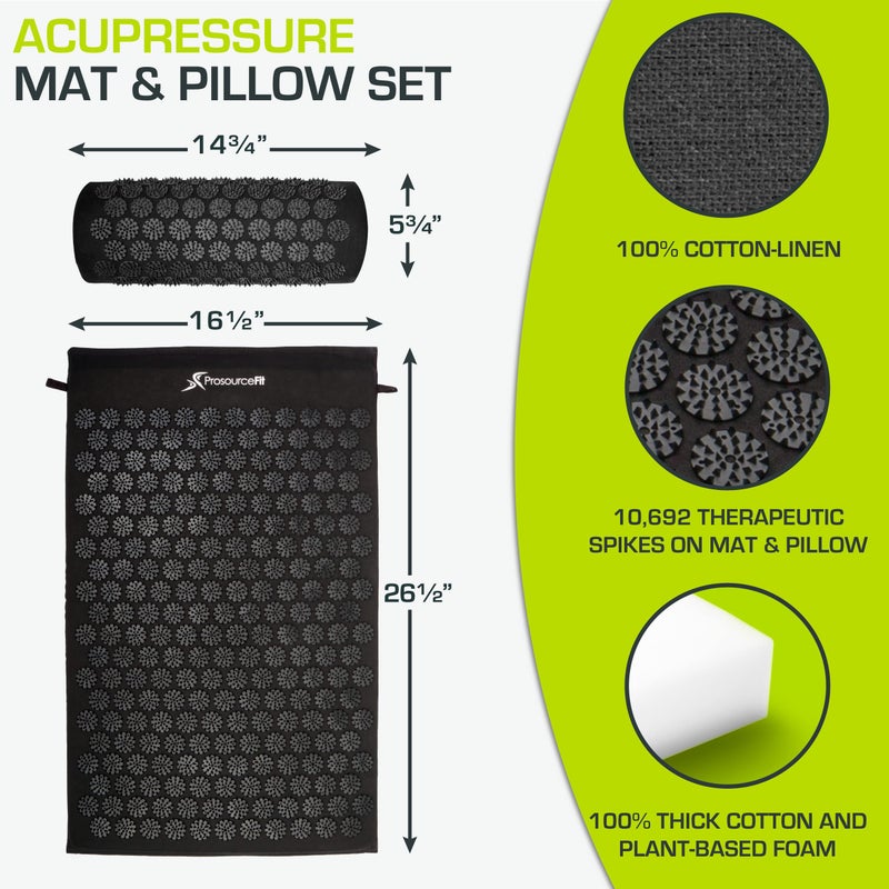 ProsourceFit Acupressure Mat and Pillow Set for Back/Neck Pain Relief and Muscle Relaxation, Large - Black/Black - Image 2