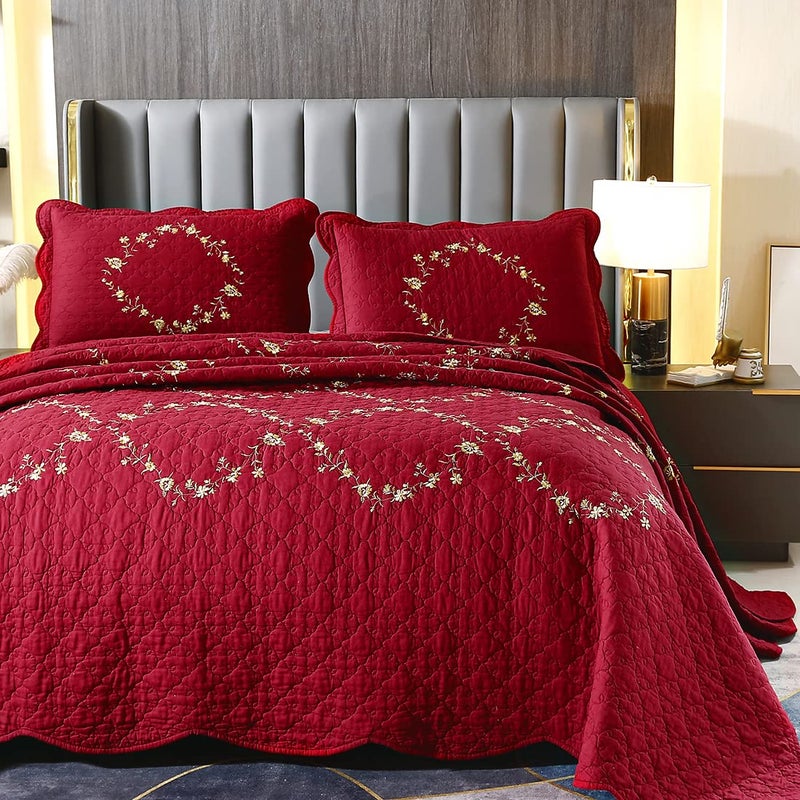 vctops 3-Piece Christmas Red Floral Embroidered Bedspread Coverlet Set 100% Cotton Reversible Patchwork 1 Quilt and 2 Pillow Shams Full/Queen, Red - Image 4