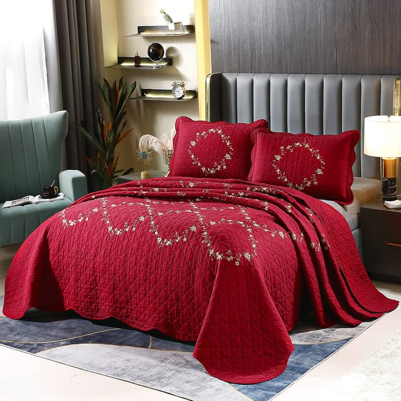 vctops 3-Piece Christmas Red Floral Embroidered Bedspread Coverlet Set 100% Cotton Reversible Patchwork 1 Quilt and 2 Pillow Shams Full/Queen, Red - Image 2