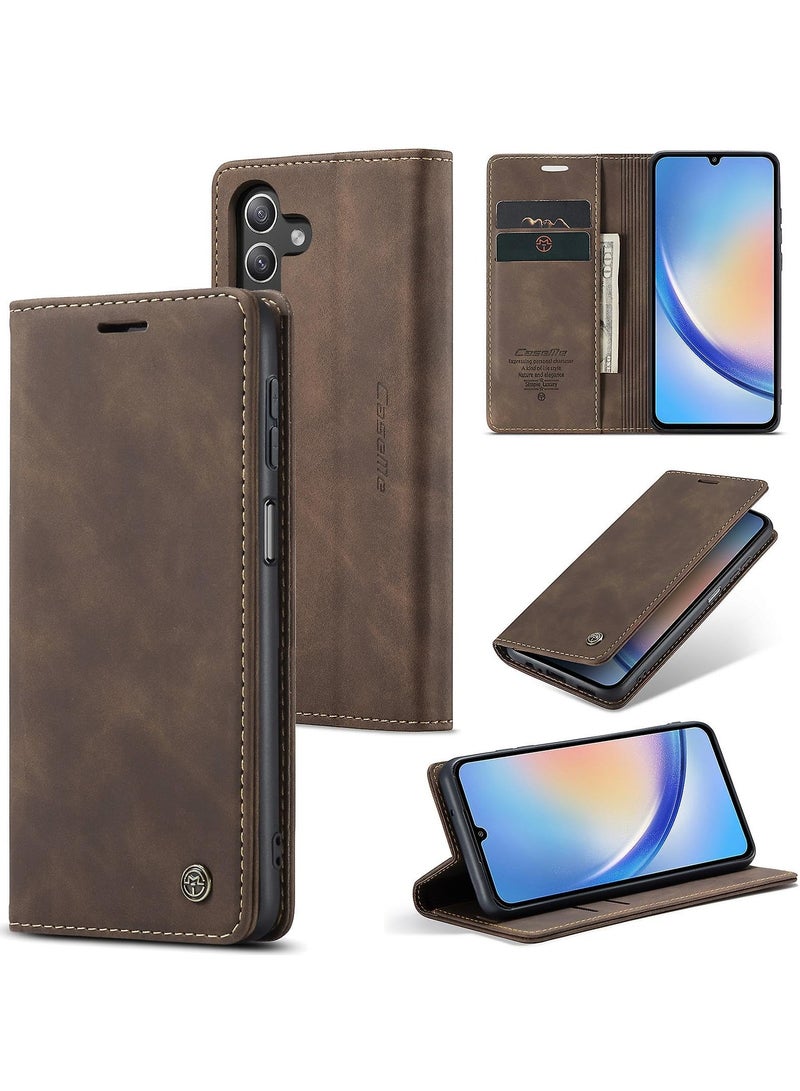 CaseMe Phone Case Luxury PU Leather Design 013 Flip Cover Card Slot Holder Cover For Samsung Galaxy A24 (Coffe) - Image 1