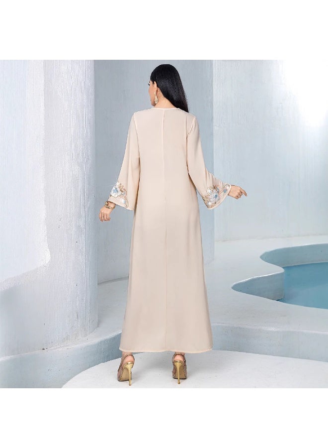 Women V Neck Abaya Dress Flared Sleeve 3D Floral Embroidery Loose Maxi Dress - Image 3