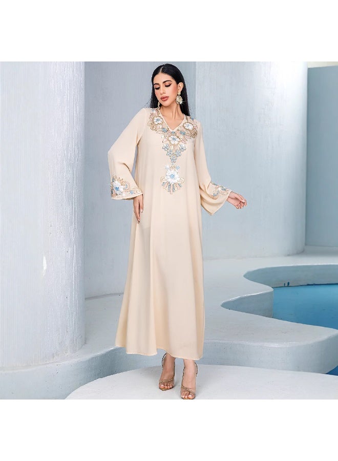 Women V Neck Abaya Dress Flared Sleeve 3D Floral Embroidery Loose Maxi Dress - Image 1